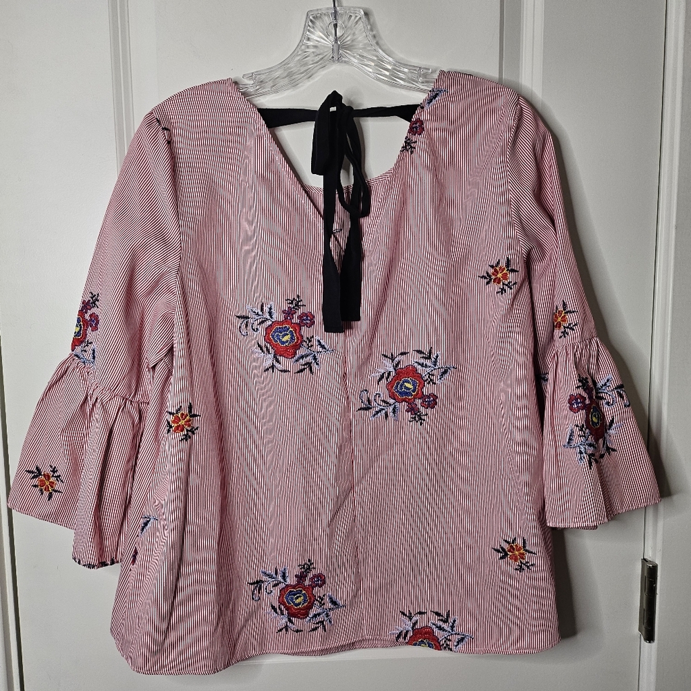 Nine West Blouse Small White Striped Embroidered Bell Sleeve Tie Back Prairie - Picture 8 of 14